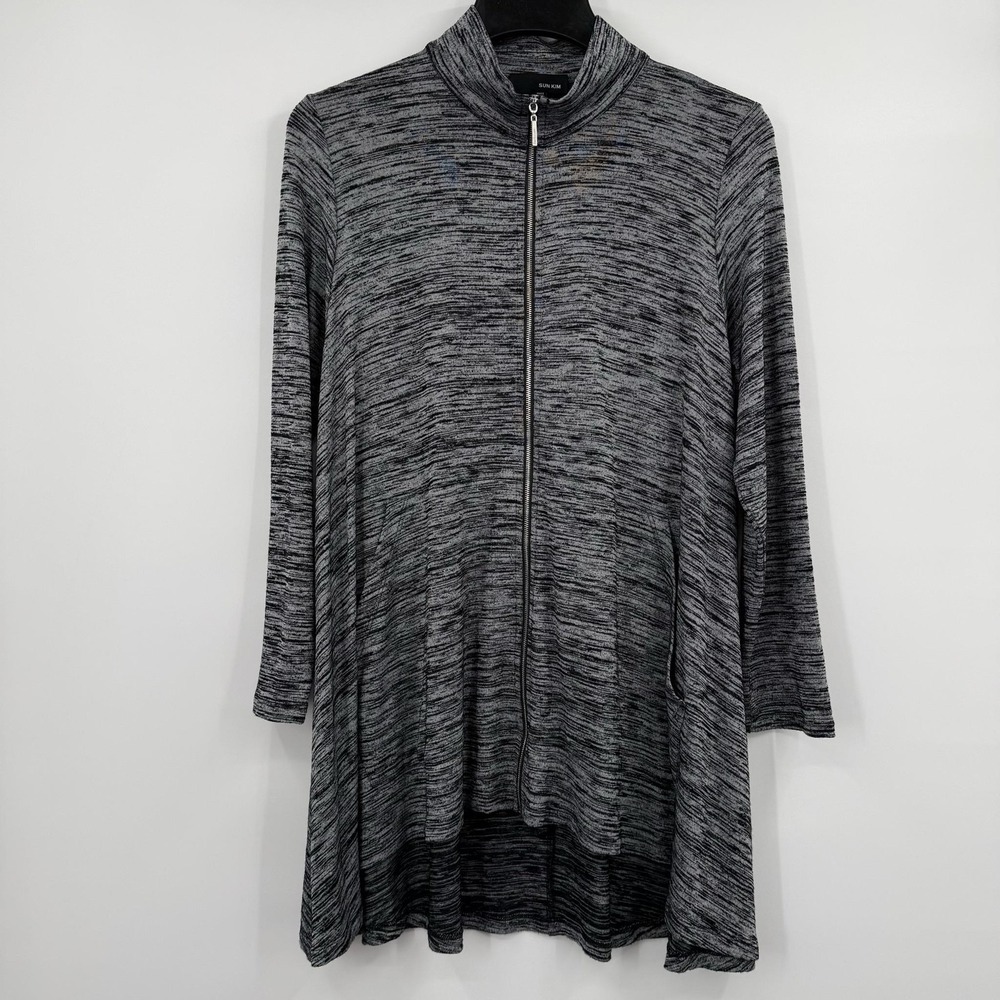 SUN‎ KIM Tunic Blouse Womens M Gray Striped Mock Neck Full Zip Lightweight